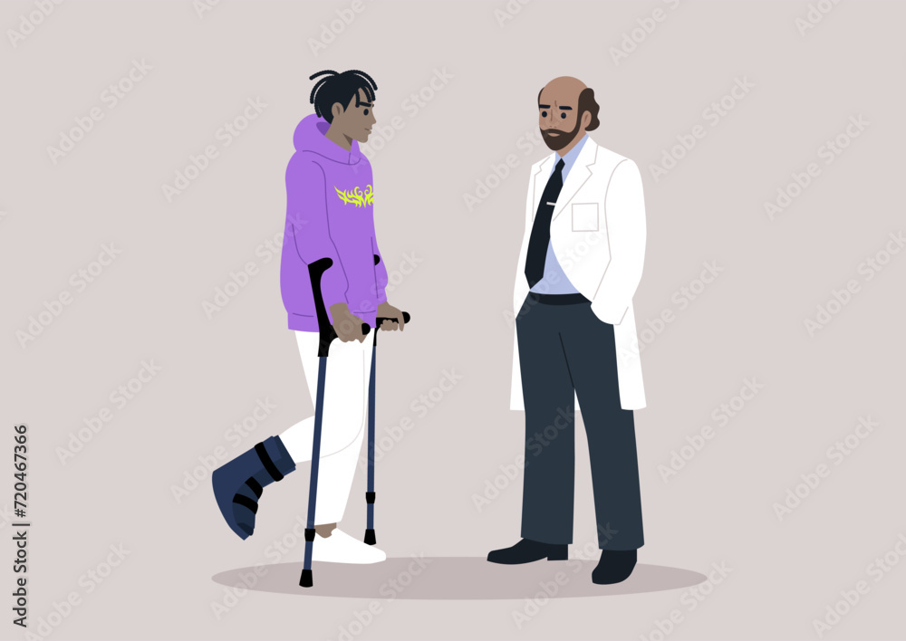 A young character, utilizing crutches and a hard shell boot to support a fractured leg, attends a checkup appointment with a doctor, the ongoing journey of recovery and healing A young character, utilizing crutches and a hard shell boot to support a fractured leg, attends a checkup appointment with a doctor, the ongoing journey of recovery and healing