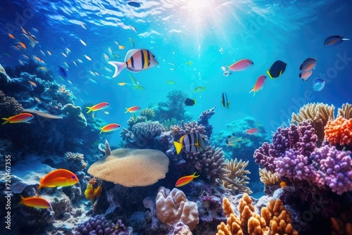 Tropical sea underwater fishes on coral reef. Aquarium oceanarium wildlife colorful marine panorama landscape nature snorkel diving, coral reef and fishes