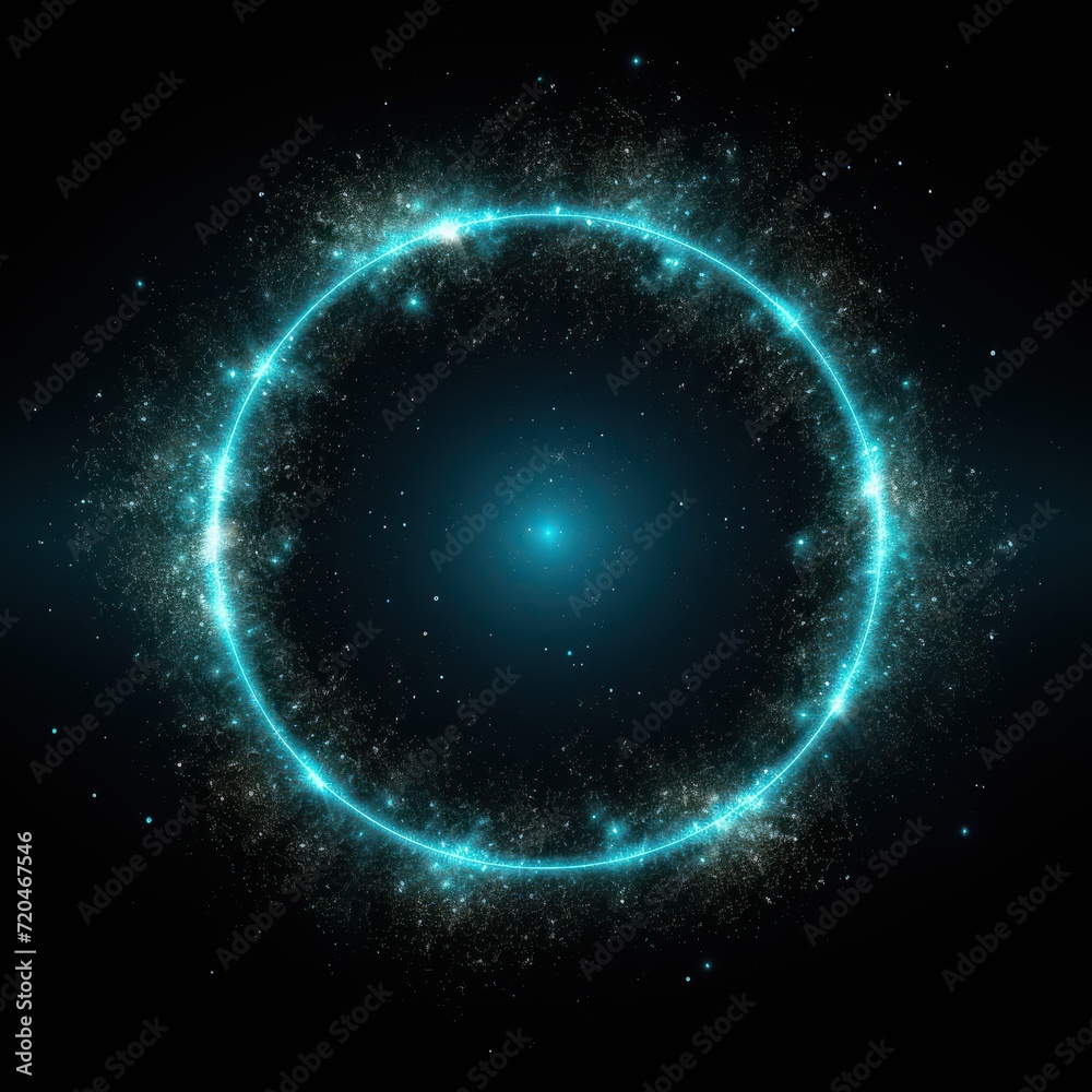 Turquoise blue glitter circle of light shine sparkles and pewter gray spark particles in circle frame