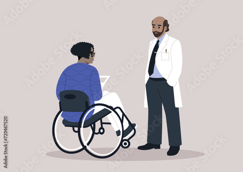 A healthcare worker engages in a compassionate discussion about a diagnosis with a senior patient seated in a wheelchair