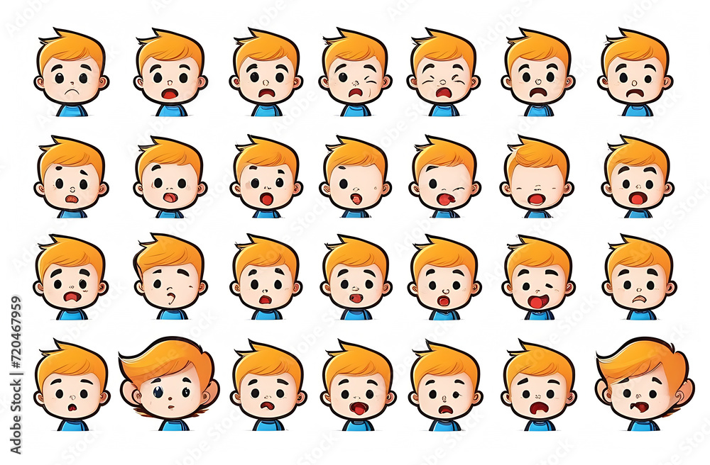 A set of illustrations of icons of different emotions on the face of a small baby, highlighted on a white background A set of illustrations of icons of different emotions on the face of a small baby, highlighted on a white background