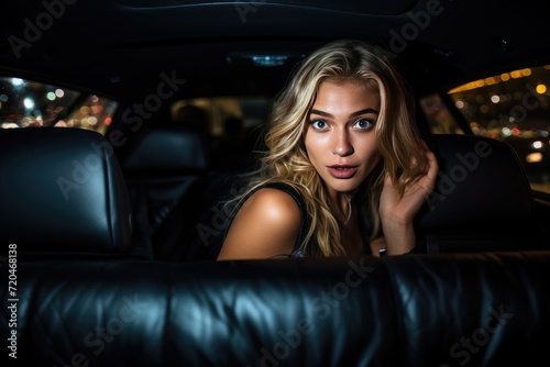 Stunning Young Woman in Backseat of Luxury Car at Night City Lights