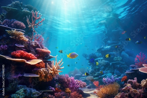 Tropical sea underwater fishes on coral reef. Aquarium oceanarium wildlife colorful marine panorama landscape nature snorkel diving, coral reef and fishes © Nognapas