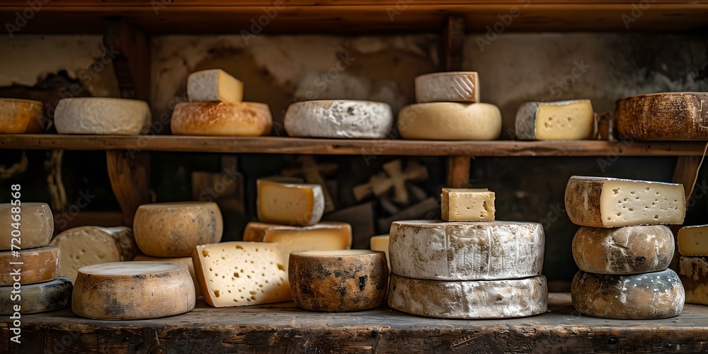 Artisan cheese assortment displayed on rustic wooden shelves. gourmet food concept in natural style setting. traditional cheese making. AI