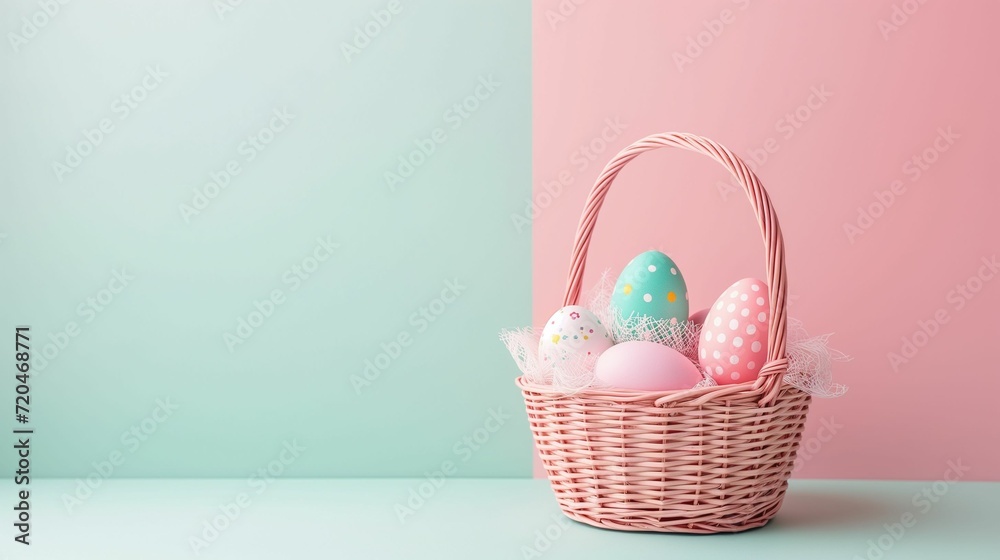 Easter Basket with Eggs on a Solid Pastel Background: Creating a Sleek and Modern Easter Scene