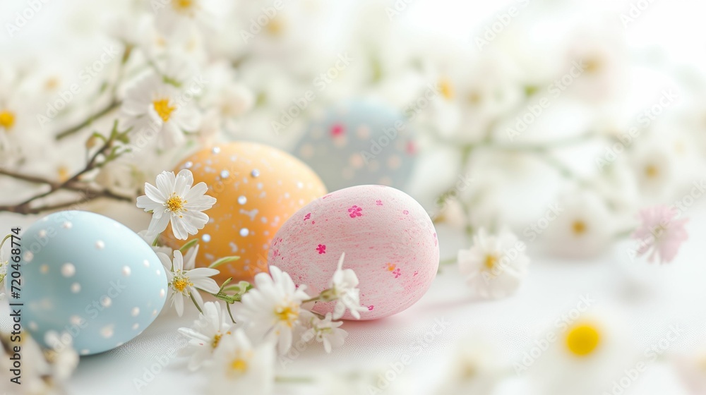 Easter Celebration: Simple White Background with Delicate Spring Flowers and Soft Lighting