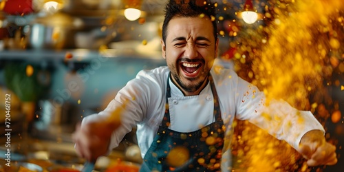Joyful chef cooking with flare in a bustling kitchen. exciting cooking experience. perfect for culinary ads. lively and dynamic style. AI