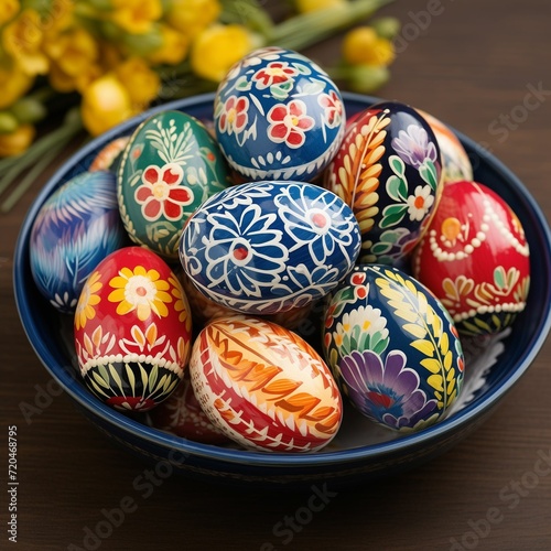 Traditional Folk Art: Hand-Painted Easter Eggs with Intricate Patterns, Emanating a Warm and Cozy Feel