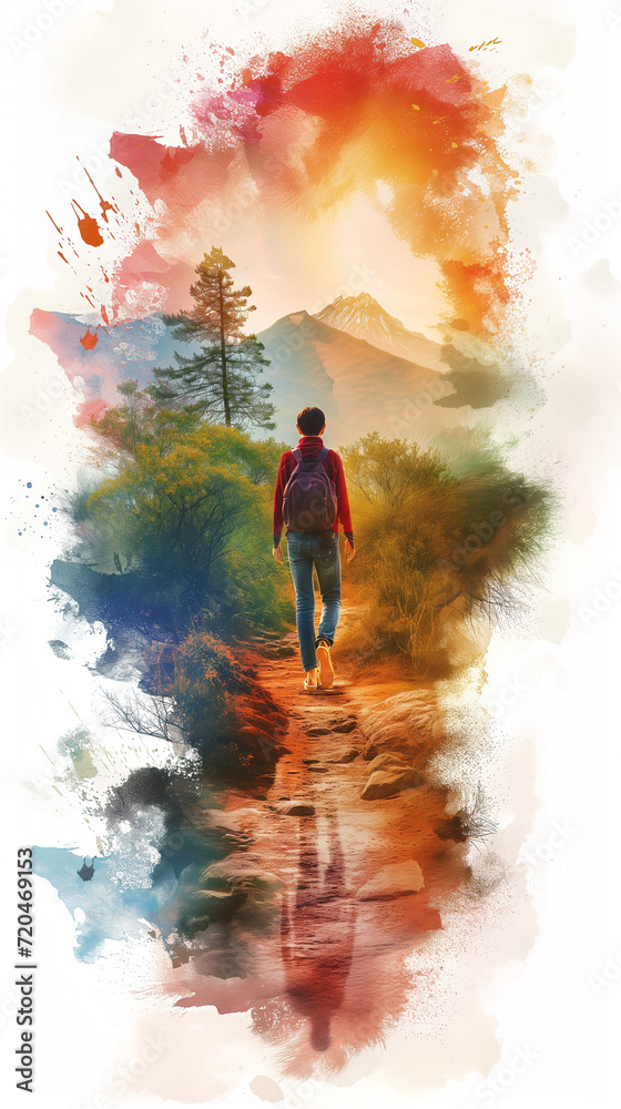 Colourful and vibrant depiction of a person traveling, outdoors exploration and gentle summers.