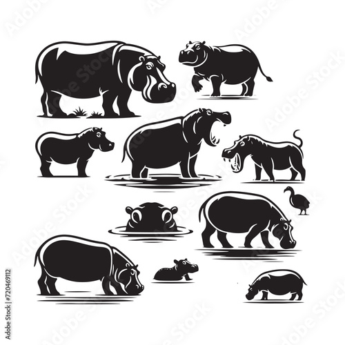 Playful Hippo Parade: Silhouettes of Hippos Engaged in Lively Activities Across Different Frames - Hippopotamus Silhouette - Hippopotamus Illustration - Animal Vector
