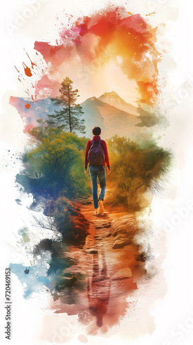 Colourful and vibrant depiction of a person traveling, outdoors exploration and gentle summers.