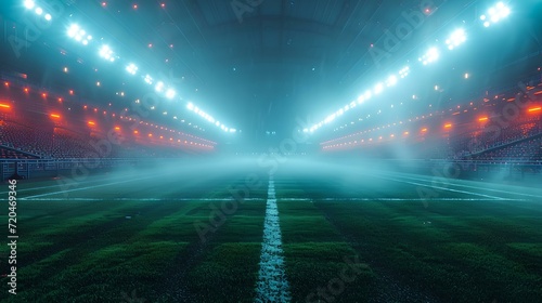 Misty soccer field under bright stadium lights at night, empty and atmospheric football arena. AI