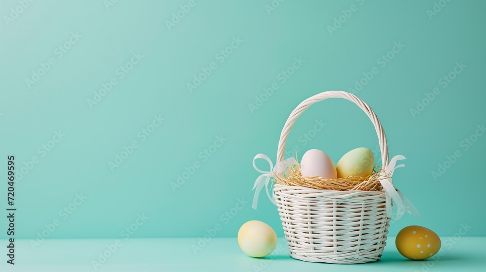 Easter Basket with Eggs on a Solid Pastel Background: Creating a Sleek and Modern Easter Scene Easter Basket with Eggs on a Solid Pastel Background: Creating a Sleek and Modern Easter Scene