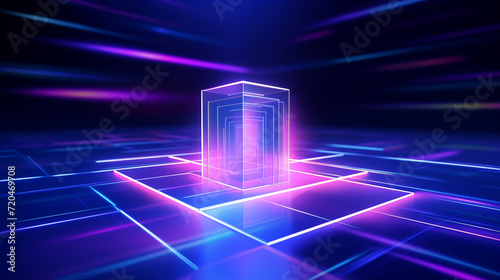 Futuristic Neon Cube on Digital Grid Background