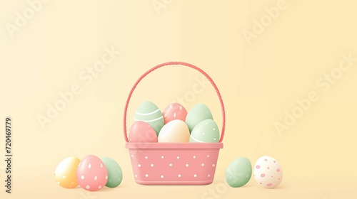 Flat Design with Minimal Easter Basket and Eggs on a Solid Pastel Background, Creating a Sleek and Contemporary Easter Scene
