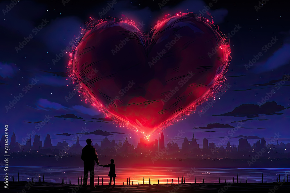 heart-shaped light hovers over a city at night. A man and child look up at it.