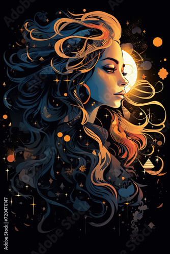 Illustration of womans face with flowing long hair against a background filled with stars.