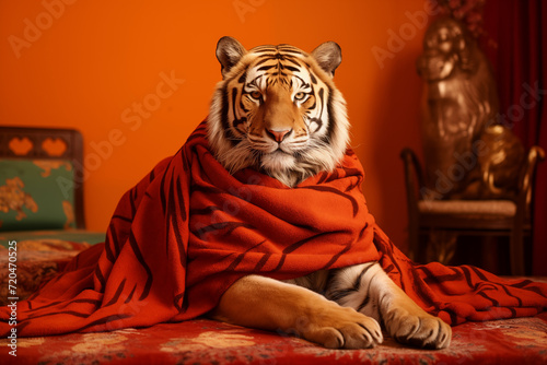Tiger Wrapped in a Luxurious Orange Blanket