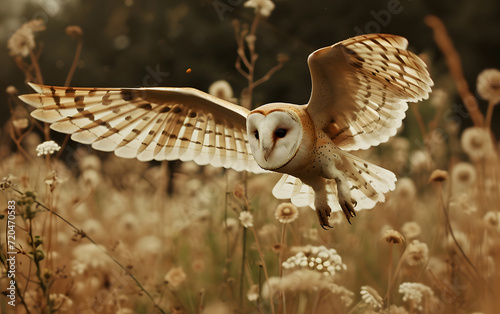 a barn owl flies over tall grass with its wings spread, © Yi_Studio