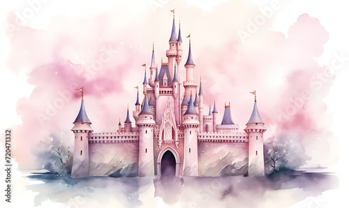 watercolor of castle  use pastel colors  clipart  white cream background. Generative Ai   