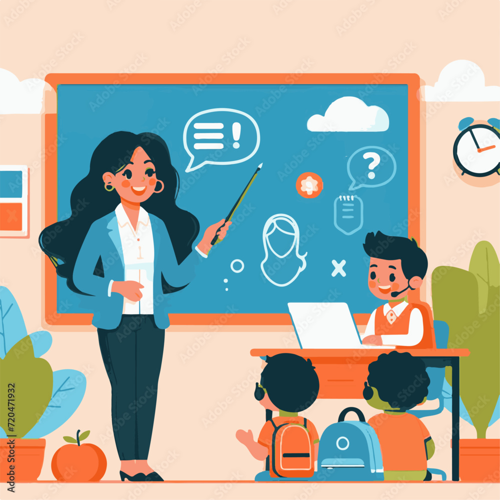 A flat illustration. A teacher at school at the blackboard tells the students A flat illustration. A teacher at school at the blackboard tells the students