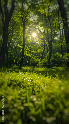 the sun in the forest reflected against green grass and trees 