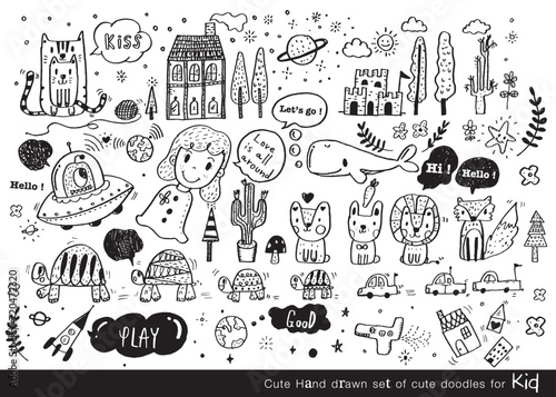 Vector illustration of Doodle cute for kid, Hand drawn set of cute doodles for decoration,Funny Doodle Hand Drawn, Summer, Doodle set of objects from a child's life,Cute animal