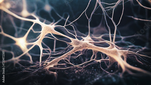 Structure of neural tissue consisting of neurons, nerve cells. Cell neurons with electrical impulses. Luminous synapse. Dendrites of neurons. Neural network. Network of neurons. Neuronal connections photo