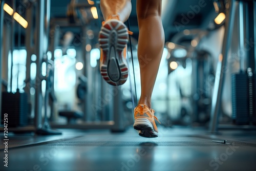 The athlete's calves highlighted with definition in the gym doing exercises. Sculpted muscles of an athlete's legs. Calf muscle toning resulting from determination and discipline.