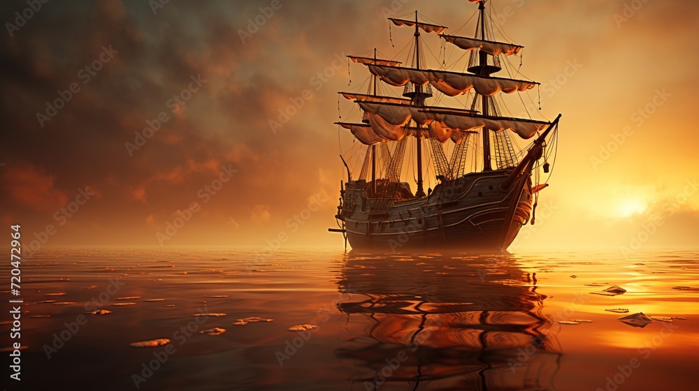 Obraz premium Sailing ship in sunset with rainstorm and atmospheric fog for dramatic maritime photography