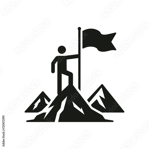 Victorious person standing on a mountaintop holding a flag icon