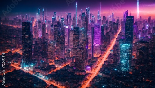 City Lights Dance in the Urban Twilight: A Stunning Aerial View of Skyscrapers Illuminated under the Asian Night Sky