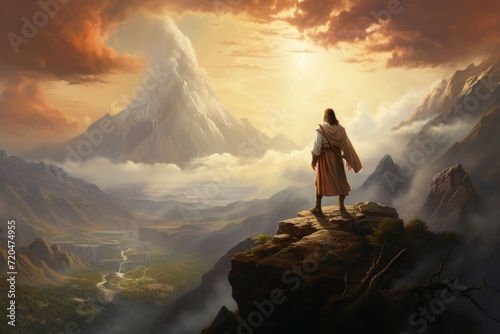 Jesus Christ on the mountain, Back view of Jesus Christ standing on the mountain in heaven. Concept of spiritual faith in God in Christianity and Catholicism, Ai generated photo