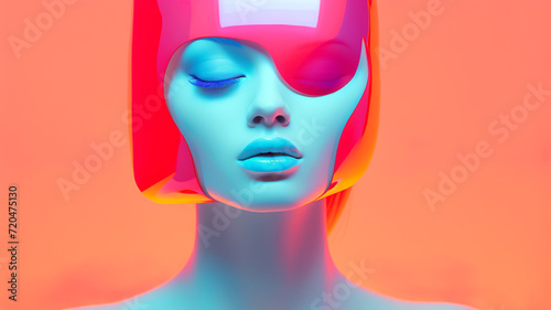 Futuristic portrait of a woman with a smooth neon color face mask showing a mix of cyberpunk and elegance. Fashion concept. AI generated.