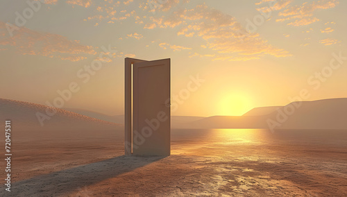 a door leading to a desert field and sunrise