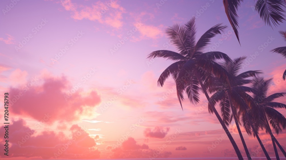 Palm trees silhouettes at sunset panorama, background, wallpaper, calm and relaxing, mental health, emotional balance