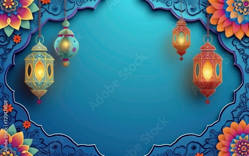 eid mubarak colorful greeting background, blue paper and colorful mandala with ramadam lantarn  photo