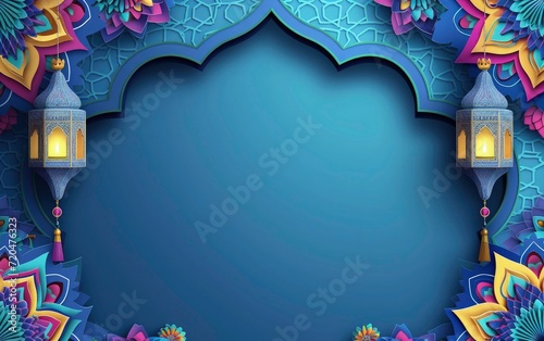eid mubarak colorful greeting background, blue paper and colorful mandala with ramadam lantarn  photo