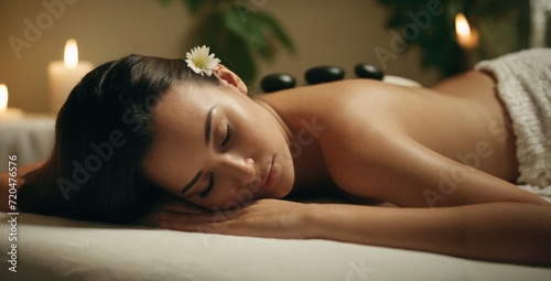 Beautiful young woman lying on massage bed in spa salon, relaxing atmosphere, flowers, candles, essential oils