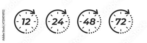 Hours clock arrow 12, 24, 48, 72 icon. Delivery service. Special offer open. Work time. Vector illustration.