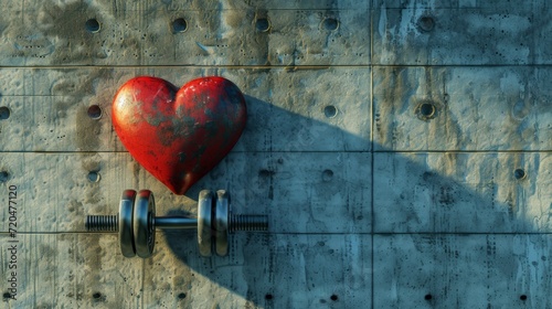 A red heart and a dumbbell on a concrete background. view from above. the concept of love for sports. copy space