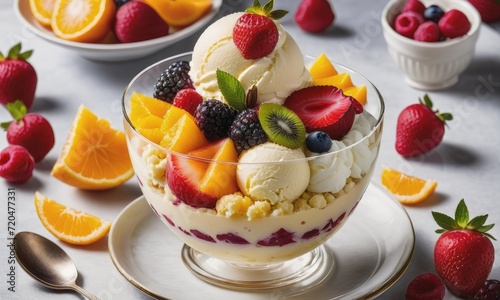 a delightful vertical shot of a glass cup filled with scoops of ice cream adorned with an assortment of fresh fruits