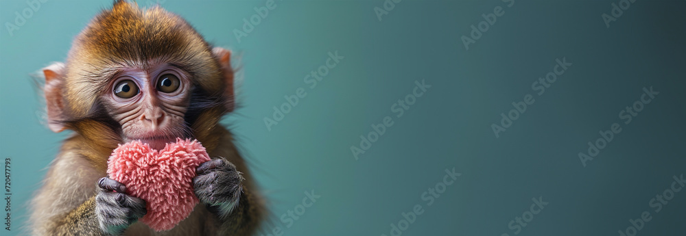 Valentine background Cute monkey chimpanzee holding red heart. Pastel green background. Happy monkey for St. Valentine's Day party. Happy Valentine's Day - obrazy, fototapety, plakaty 