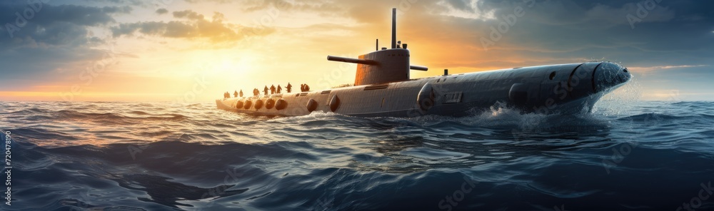 A military submersible deployed in oceanic waters. - obrazy, fototapety, plakaty 
