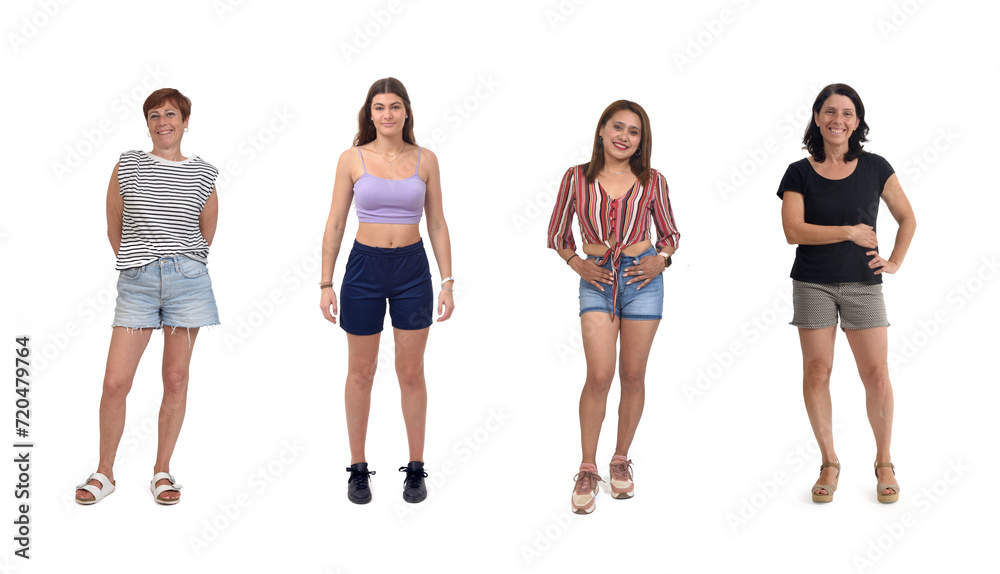 Obraz premium front view of a group of women wearing shorts on white background