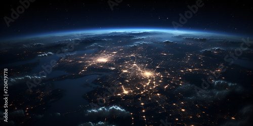 Communication technology for internet business  Telecommunication network above europe viewed from space  Epic scene of earth  Earth Space Travel  Generative AI