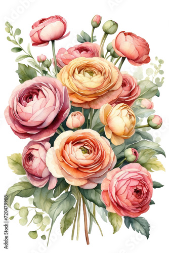 Watercolor illustration of bouquet of ranunculus flowers  clipart on transparent background
