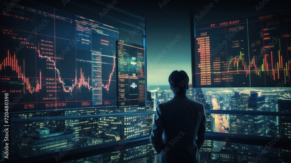 Bearded man trader wearing eyeglasses sitting at desk at office monitoring stock market looking at monitors analyzing candle bar price flow touching chin concerned trading concept Bearded man trader wearing eyeglasses sitting at desk at office monitoring stock market looking at monitors analyzing candle bar price flow touching chin concerned trading concept