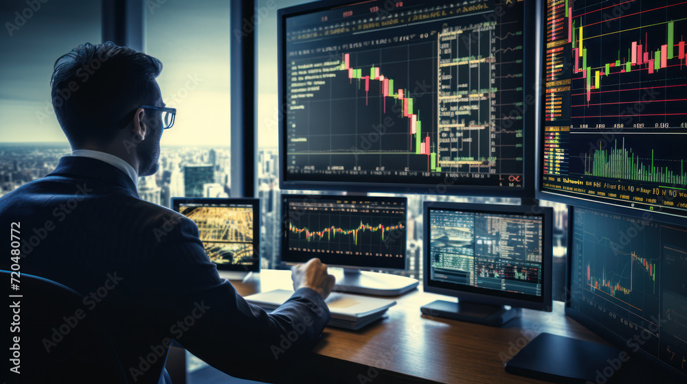 Bearded man trader wearing eyeglasses sitting at desk at office monitoring stock market looking at monitors analyzing candle bar price flow touching chin concerned trading concept Bearded man trader wearing eyeglasses sitting at desk at office monitoring stock market looking at monitors analyzing candle bar price flow touching chin concerned trading concept