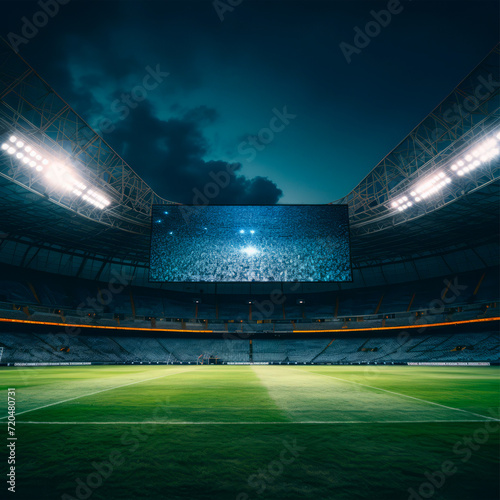 A huge soccer stadium lit by floodlights, with a huge screen showing the starry sky, with a wide angle view of the empty green field and seats. Sporting event or occasion photo